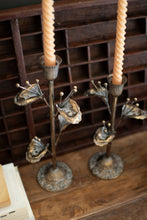 Load image into Gallery viewer, SET OF TWO ANTIQUE BRASS FLOWER TAPER CANDLE HOLDERS