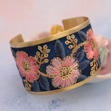 Load image into Gallery viewer, Vintage Pink Blue Embroidered Cuff Bracelet