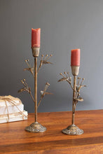 Load image into Gallery viewer, SET OF TWO ANTIQUE BRASS FLOWER TAPER CANDLE HOLDERS
