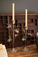 Load image into Gallery viewer, SET OF TWO ANTIQUE BRASS FLOWER TAPER CANDLE HOLDERS
