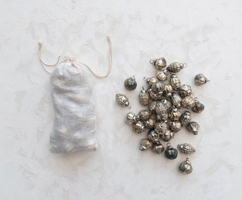 Embossed Mercury Glass Ornaments in Muslin Bag
