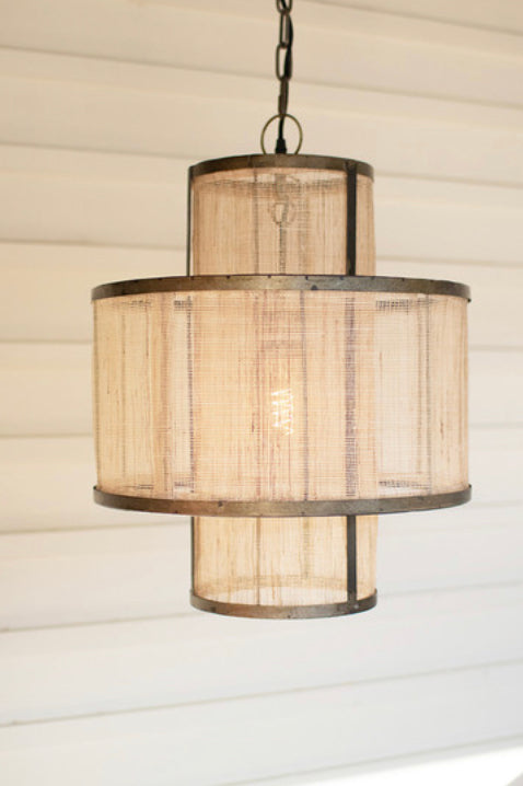 Round double layered woven fiber and metal pendant light