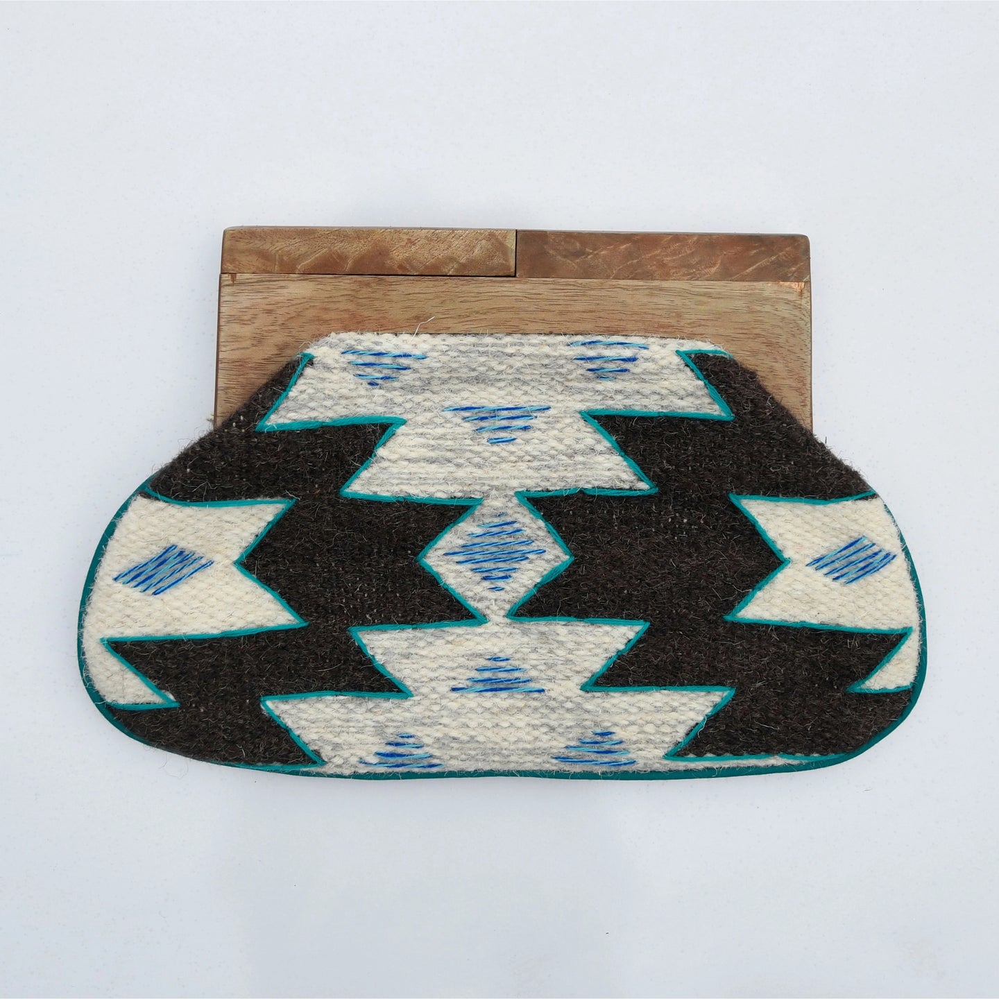 Blue Grey Geometric Pattern Wooden Handle Clutch